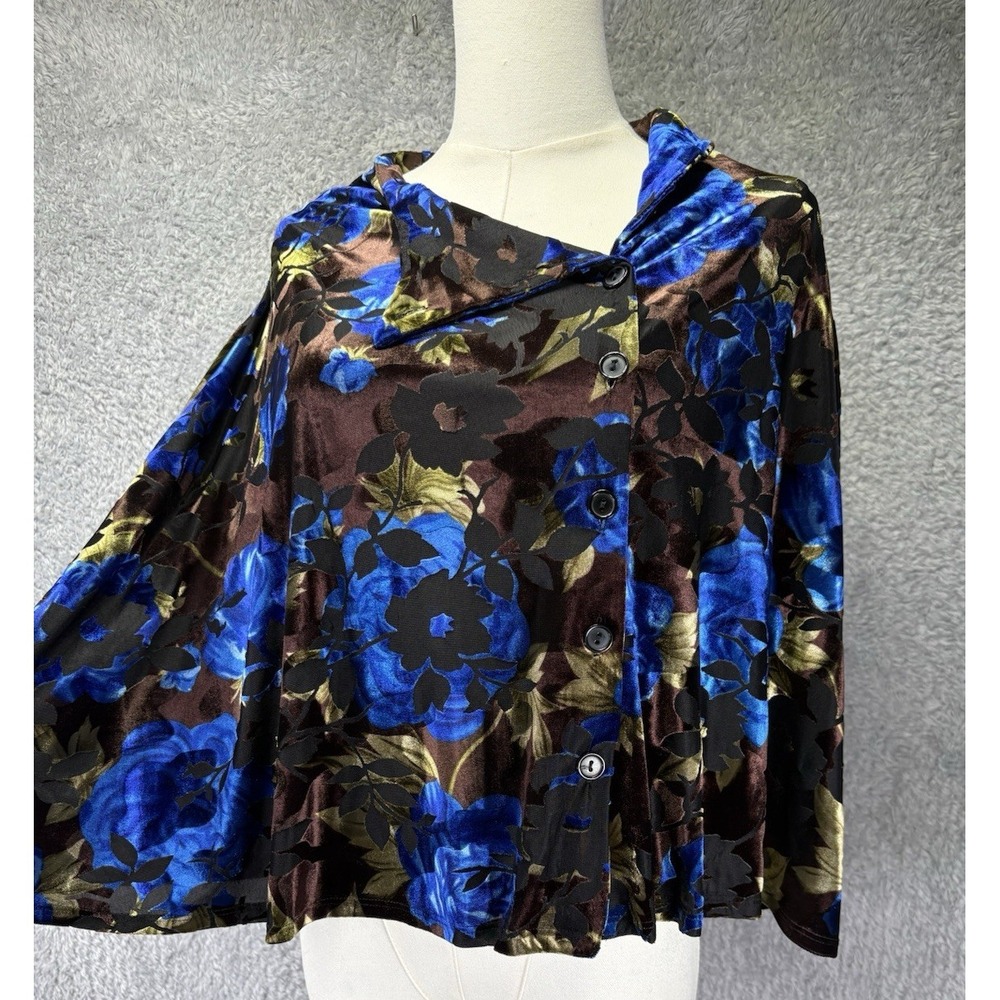 Vtg Carolyn Strauss Burnout Velvet Floral Shawl Top Blue Black Batwing Artsy L